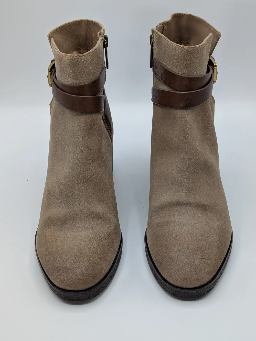 Michael Kors Women 8 Taupe Suede Ankle Boots Brown Leather Straps Block Heel